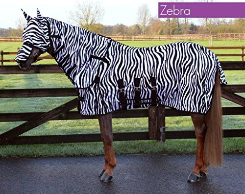 QHP Fliegendecke mit Hals und Hut 3 Bauchgurte, Frontverschluss, Schweiflatz (105 cm, Zebra)