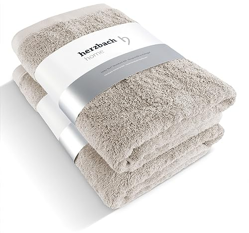 herzbach home Premium Duschtuch 2er-Set 70 x 140 cm (Sandgrau) – Große, weiche & saugstarke Dusch-Handtücher in Bester Qualität – 100% natürliche Baumwolle