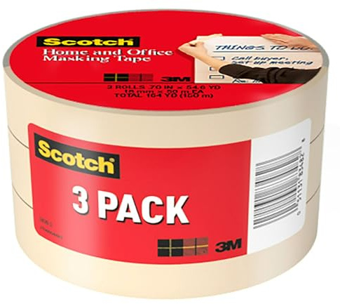 Scotch Masking Tape, 3 Rolls, 0.70 in x 54.6 yd, Great for Everyday Use, Strong Adhesive, Tan Masking Tape (3436-3)