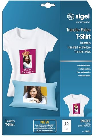 SIGEL Transferpapier Bügelfolie helle Textilien A4 10 Blatt | IP651, Für Tintenstrahldrucker und kreative Textilveredelung mit Fotomotiven