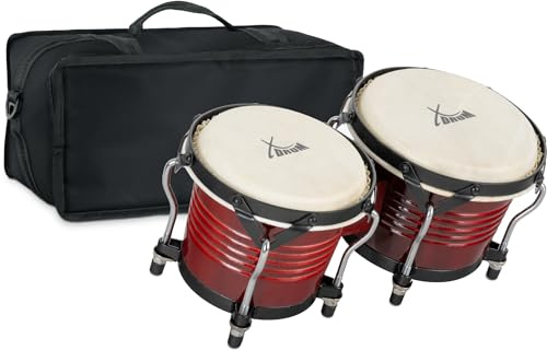 XDrum Bongos Pro Weinrot Set inkl. Bongotasche, Bongogrößen: 6, 5 (20 cm) | 2 Trommeln (macho und hembra), 5 (17 cm) und 7, 5 (20 cm), Naturfelle, Holz: Birke, Verchromte Spannschrauben, 2 kg