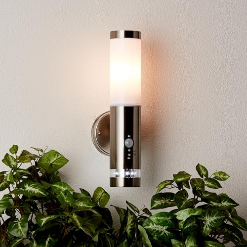 Lightbox Außenwandleuchte aus Edelstahl - LED-Wandleuchte für draußen - exkl. Leuchtmittel E27 - wetterfeste Außenleuchte mit Dämmerungsschalter & Bewegungssensor