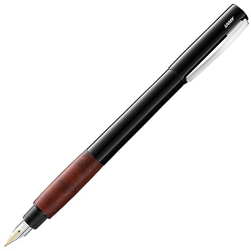 LAMY accent Füllhalter 098 – Füller im schwarzen, hochglänzenden Lack-Finish mit austauschbarem Griffstück aus Bruyère-Holz und 14 Kt. Goldfeder, partiell platiniert – Federstärke OB