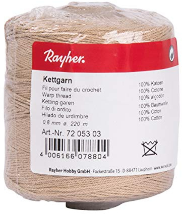 Rayher 7205303 Hilo de Cuerda 100% algodón,para Tejer y Telar, Nr. 9, Grosor 0,8 mm, 6 Cabos, Beige, 220 m