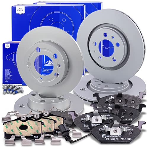 ATE Bremsenset inkl. Bremsscheiben vorne Ø 280 mm belüftet + hinten Ø 230 mm voll und Bremsbeläge vorne + hinten und Warnkontakt Kompatibel mit AUDI A3, SEAT LEON, TOLEDO, SKODA OCTAVIA, VW BORA, GOLF