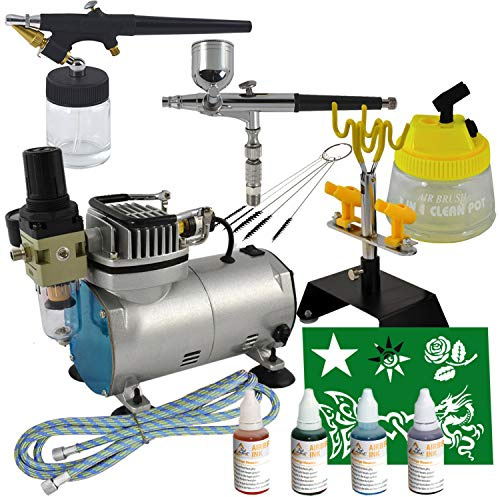 Profi-AirBrush AIRBRUSH SET AIRBRUSH KIT mit AIRBRUSH KOMPRESSOR 2 AIRBRUSHPISTOLEN AIRBRUSH FARBEN TATTOO AIRBRUSH SCHABLONEN AIRBRUSH HOLDER AIRBRUSH CLEAN POT