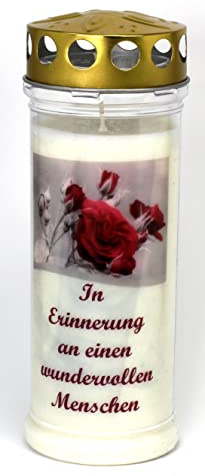 Grabkerze mit Spruch und Motiv Rose, (21x7,5 cm) Grablicht mit 7 Tage Brenndauer (3785), Wetterfestes Trauerlicht mit Deckel, Hochwertige Trauerkerze, Edle Gedenkkerze aus Deutschland
