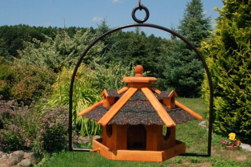 Vogelhaus Vogelfutterhaus Dach in dunkel Nr12 und Bügel zum aufhängen von Vogelhaus, Nistkasten, Vogelhäuschen, Futterhaus, Vogelvilla und Vogelhäusern, feuerverzinkt und pulverbeschichtet, rostfrei, hängend, mit Futtersilo, Silo