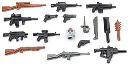 BrickArms Weapon Set - Zombie Defense Pack 2016 with 16 different weapons and Citizen Brick Zombie head