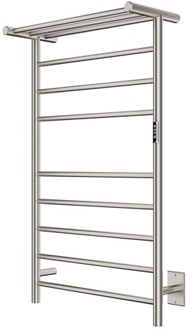 ANZZI Eve 8 Bar Wall Mounted Towel Warmer with Top Shelf in Brushed Nickel, Energy Efficient 93W Electric Plug in Heated Towel Rack for Bathroom, Steel Towel Heater Rail On/Off Switch, TW-AZ012BN