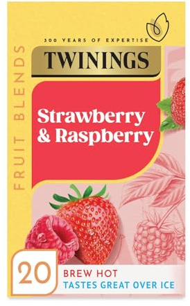 Twinings Strawberry & Raspberry Fruit Tea, 20 Tea Bags | Fruit Infusion, Real Fruit Pieces, Naturally Caffeine Free, Natural ingredients, No Tea Leaf, Sugar Free, Suitable for Vegans
