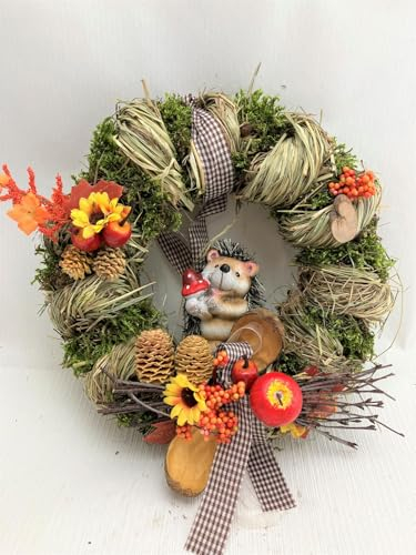 Tisch- oder Türkranz rund ø 28 cm - Kranz aus Naturmaterialien mit Igel sitzend - Frühling - Sommer - Herbst als Willkommensgruß (Art. 816)