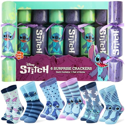 Disney Christmas Crackers - Stitch Calcetines Talla Única para Mujeres y niños - Regalos Navidad (Verde Azulado/Morado - Adulto)