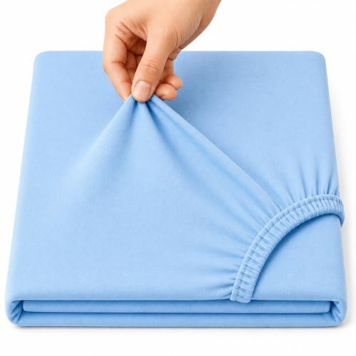 Family Bedding Deep Pocket Fitted Sheet, 100% Jersey Cotton, Blue, Single | 30cm Elasticated Pocket, Fits 90x190cm to 100x200cm, Breathable Fabric