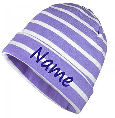 Elefantasie Mütze Flieder weiß gestreift mit Namen oder Text personalisiert für Baby oder Kind aus 100% Baumwolle mit UV-Schutz