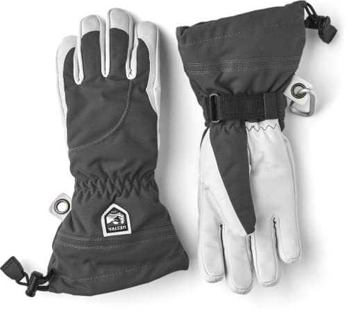 Hestra Heli Ski Damen-Handschuh, klassischer 5-Finger-Leder-Schneehandschuh zum Skifahren, Snowboarden und Bergsteigen (Damenpassform), Grau/Offwhite, Größe 42