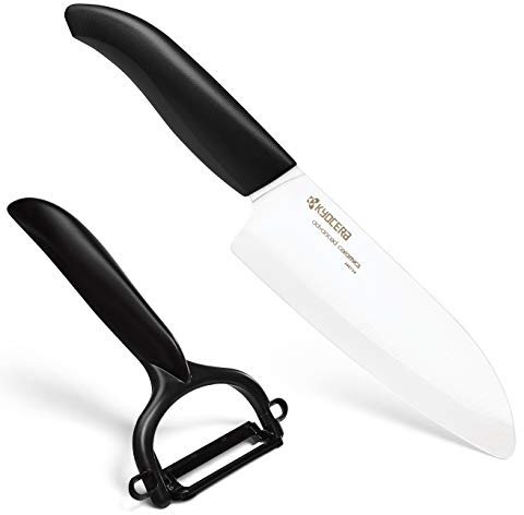 Kyocera Black-Blister Cut & Peel, Set di coltelli Composto Santoku da 14 cm e pelapatate, Lama in Ceramica di Zirconia, molata a Mano, Estremamente affilata, Nera