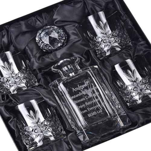 Engraved Buckingham Crystal 5-Piece Whisky Decanter Set in Satin Presentation Box