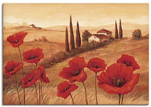 ARTLAND Wanddeko Leinwand Bilder Wandbild 100x70 cm Toskana Landschaft Italien Blumen Blüten Malerei Mohnblumen Ocker T4NQ