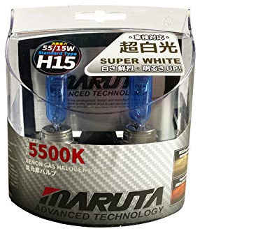 MARUTA SUPER WHITE H15 12V 55/15W Halogenlampe für Fernlicht & Tagfahrlicht, 5500K Xenon-Effekt, langlebige Xenon-Gas Birne mit hochwertigem Quarzglas & Straßenzulassung (ECE Prüfzeichen)