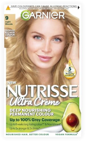 Garnier Nutrisse Permanent Hair Dye, Natural-looking, hair colour result, For All Hair Types, 9 Light Blonde