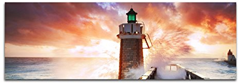 Paul Sinus Art Panoramabild XXL auf Leinwand und Keilrahmen 180x70cm Meer Welle Leuchtturm Steg Wolkenhimmel