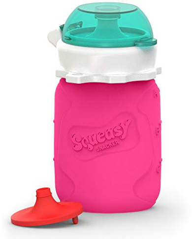 MINI Squeasy Snacker, 100ml (Pink) - Wiederverwendbares Quetschie aus Silikon | Quetschbeutel zum selbst befüllen, Smoothie To Go fürs Baby. BPA-frei
