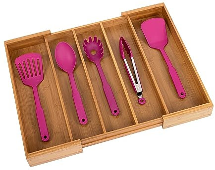 Seville Classics Bamboo Premium Organizer Storage Bins for Kitchen Silverware, Pantry, Closet, Office Desk, Pens, Utensils, Makeup, K Cup, Bamboo, Expandable Tray (5 Compartment)