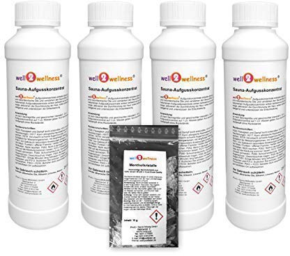 well2wellness® Saunaaufguss Set ‘Beste Wahl‘ mit 4 x 250 ml - Eukalyptus, Fichtennadel, Orange Lemongras plus gratis 10g Mentholkristalle