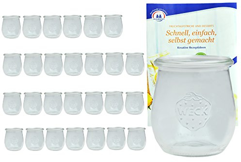 MamboCat 28er Set Weckgläser 220 ml Tulpenform I Original Weck Tulpenglas Dessertglas I Einweckgläser für Obst Gemüse uvm I Weck Gläser ohne Deckel inkl. Diamant-Zucker Gelierzauber Rezeptheft