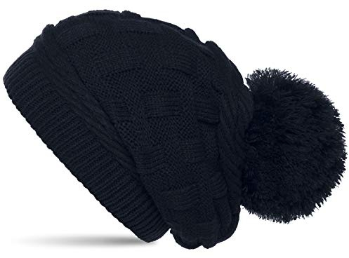 Caspar MU130 Damen Gefütterte Strick Long Beanie mit Zopfmuster und Wollbommel, Farbe:dunkelblau, Größe:One Size