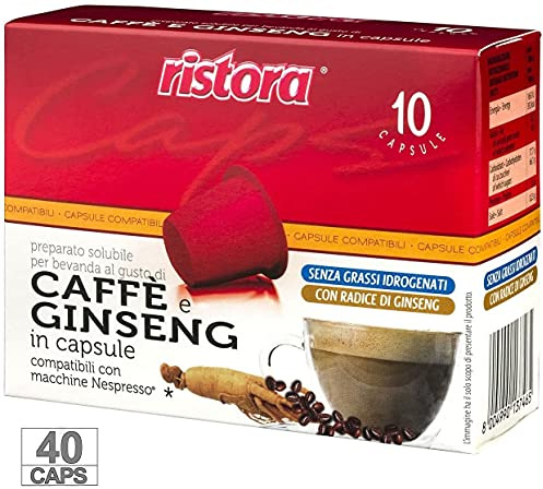 Ristora Lot de 4 capsules de café ginseng compatibles avec machines Nespresso – Dosettes de café en résine intenses sans graisse crémeuses préparées pour boissons sans gluten (4 x 10 pièces)