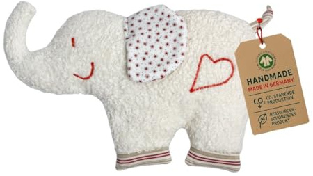 Efie Bio-Rassel Elefant rot – Greifling aus 100% Baumwolle (kbA), Schurwollfüllung (kbT), handgefertigt & GOTS-zertifiziert in Deutschland, nachhaltig
