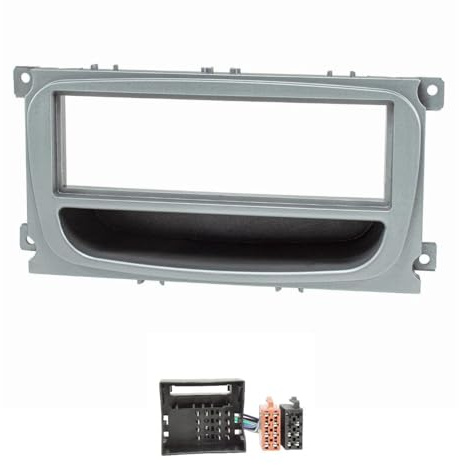 tomzz Audio 2415-049 Radioblende Set kompatibel mit Ford Focus 2 Mondeo S-Max C-Max Galaxy Kuga Silber mit Ablagefach Quadlockadapter ISO