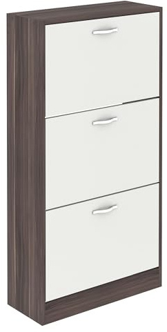 Vida Designs Shoe Cabinet, Wooden Shoe Storage Unit with 3 Pull-Down Drawers, Multifunctional Dust-Proof Space-Saving Slim Cupboard for Hallway or Entryway (Walnut & White)