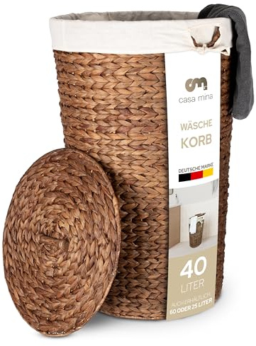Casa Mina® Wäschesammler mit Deckel D35 x H55cm hoch I Atmungsaktiver Wäschekorb geflochten aus 100% Naturfaser I Robuster Wäschesammler mit Griffen & waschbarem Innensack I Wäschekörbe - Lombok