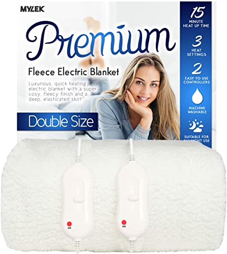 Mylek Electric Blanket Double Size Bed Fleece Fitted Heated Mattress Cover Underblanket Dual Control, Elasticated Skirt, 190 x 137 x 40cm, Overheat Protection, Machine Washable, All Night Use (Double)