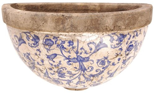 Esschert Design Blumentopf, Wandhalbschale aus Keramik in blau-weiß zur Wandbefestigung, ca. 28 cm x 12 cm x 18 cm