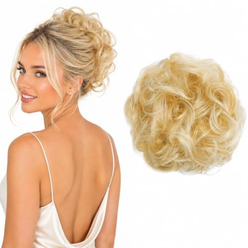 CAISHA Haarteil Haargummi Dutt Gewellt Messy DM15cm Platinblond G18A