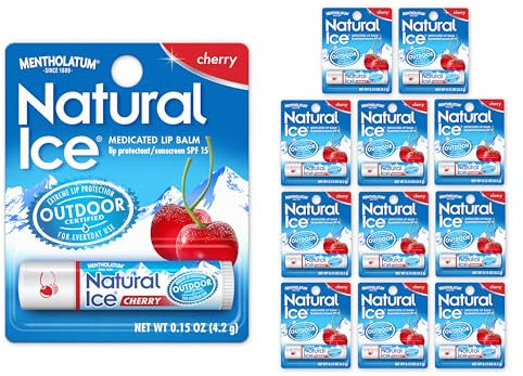 Mentholatum Natural Ice Cherry Flavor Medicated Lip Balm, SPF 15 (Pack of 12)