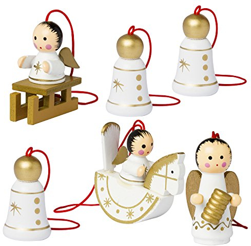 BRUBAKER - Suspensions pour Sapin de Noël - 6 Pièces - Anges & Cloches - Figurines en Bois - Peintes à la Main - Décoration Arbre de Noël
