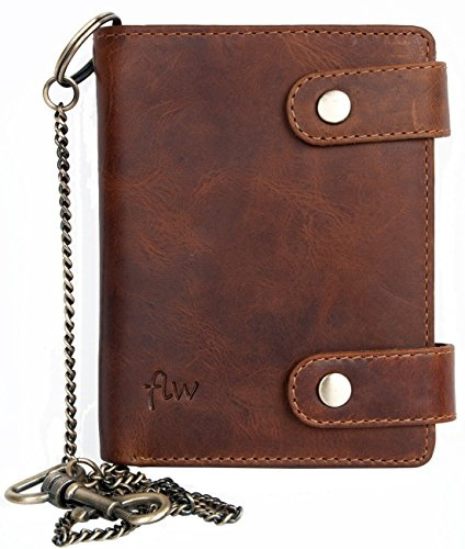 FLW Portafoglio biker in solo vera pelle naturale resistente con catena in metallo