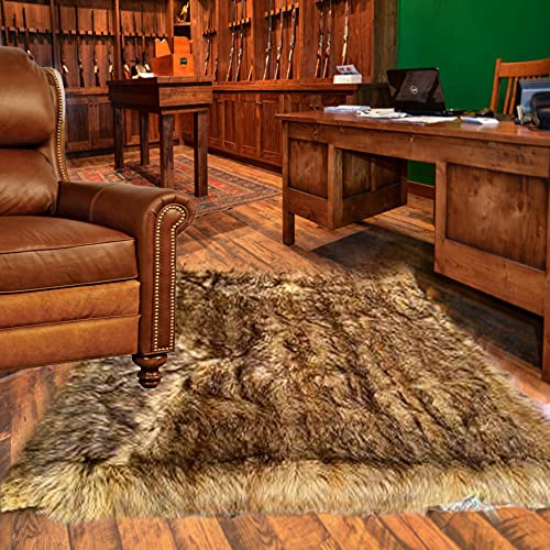 Premium Faux Fur Coyote - Wolf Skin - Bear Skin Area Rug - Golden Brown - Plush Shaggy Shag - Pelt - Hide - Sheepskin - Throw Carpet (3'x5')