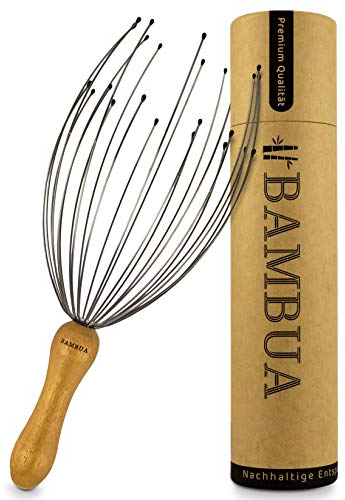 BAMBUA - Kopfmassage Spinne mit 24 Fingern - Bambusgriff - Hergestellt aus Moso-Bambus - Premium Kopfmassagegerät - Nachhaltige Entspannungsgefühle