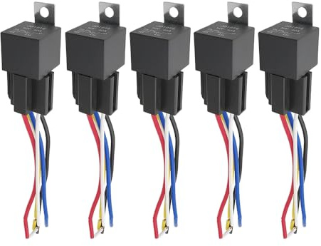 DollaTek 5Pcs JD1914 Relé de Coche de 12V 40A con enchufes de arnés Relé de SPDT de 5 Pines con Cables con Etiqueta de Color para camión automotriz Furgoneta Barco de Motocicleta