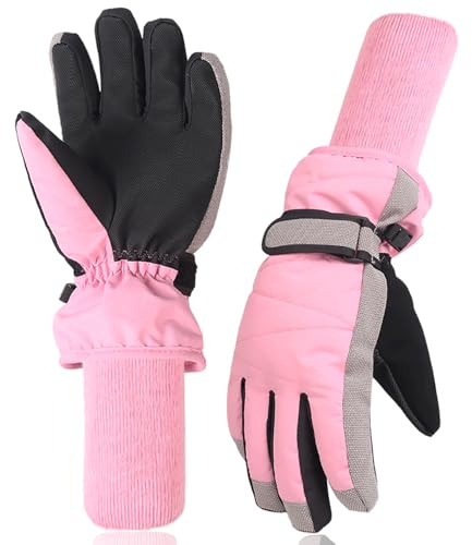 XTACER Kids Ski Snow Gloves Snowboard Winter Warm Cold Weather Gloves for Boys Girls Children ( Long Cuff -Pink, 6-8 Years)