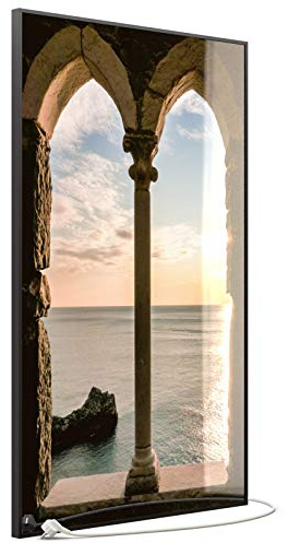 STEINFELD Heizsysteme® Glas Bild Infrarotheizung Elektroheizung mit Thermostat | Made in Germany | viele Motive 350-1200 Watt Rahmen schwarz (900 Watt, 016H Fenster)