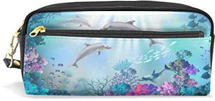 HMZXZ RXYY Federmäppchen Meer Tier Delfins Pflanzen für Student Groß Kapazität Reißverschluss PU Leder Mäppchen Schreibwaren Kosmetik Makeup Tasche für Mädchen Jungs Frauen