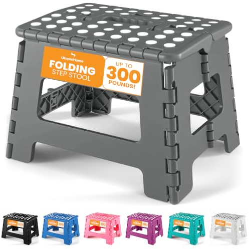 Utopia Home Faltbarer Tritthocker 9 Zoll, Anti-Rutsch-Oberfläche für Kinder und Erwachsene, tragbarer Kunststoff Klapphocker mit Tragegriff, 300 lbs Belastbarkeit, 1er Pack, Groß, Grau.