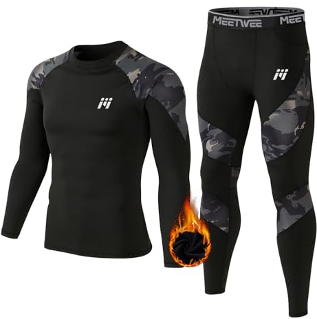 MEETWEE Biancheria Intima Termica Set Uomo, Antivento Funzionale Base Layer Asciugatura Rapida Maniche Lunghe Maglia Termica & Pantaloni per Invernali Sportiva Sci Allenamento Corsa Ciclismo